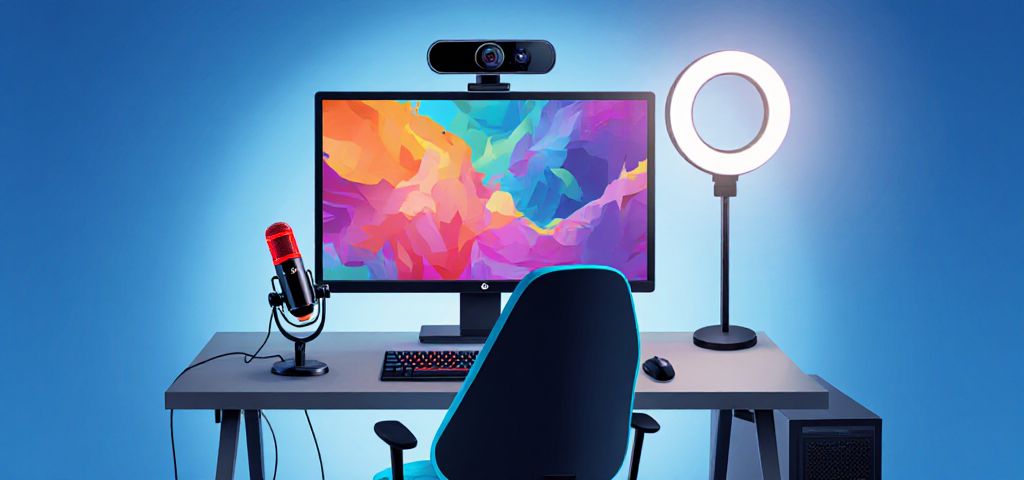 The ideal beginner streaming setup, featuring a PC, a quality USB microphone, a webcam, and a ring light.