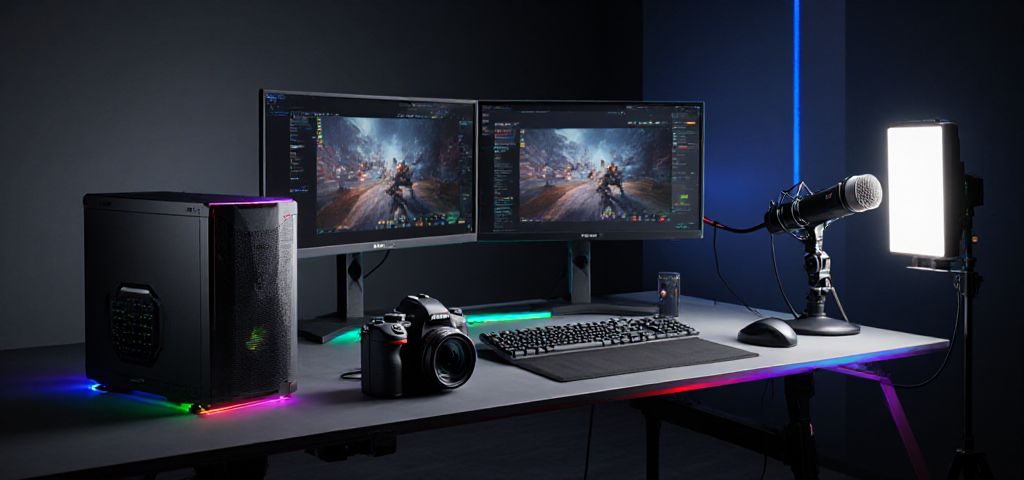 An advanced, professional streaming setup with a dual PC, a DSLR camera, and an audio mixer, representing a future upgrade path.