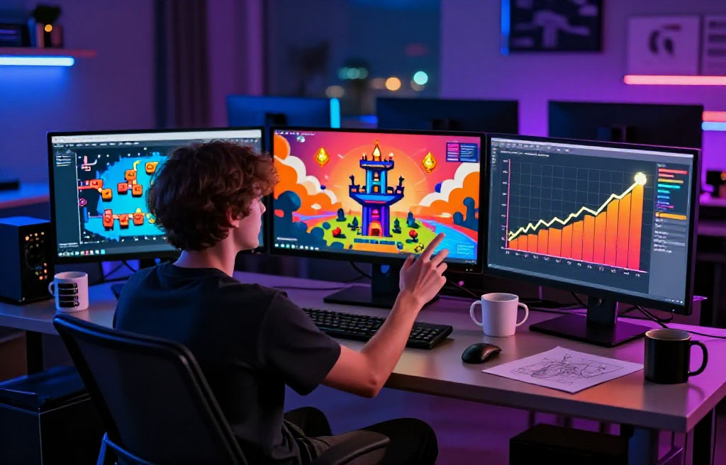 Modern digital setting of a solitary indie game developer