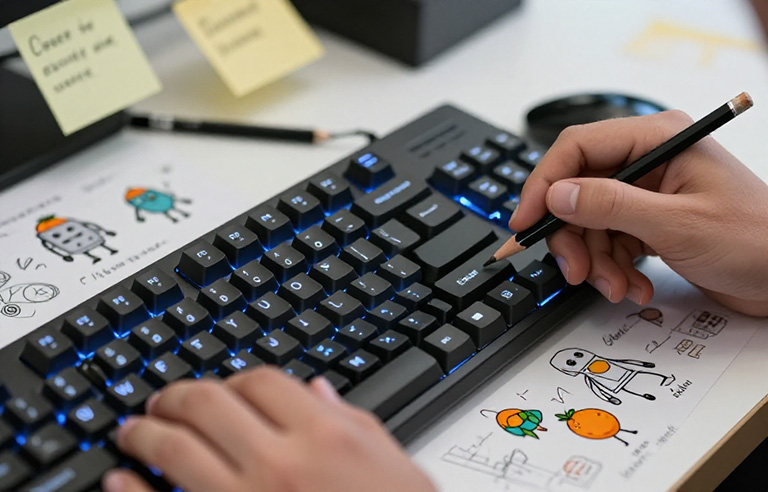 A close-up shot of a pair of hands resting on a backlit mechanical keyboard.
