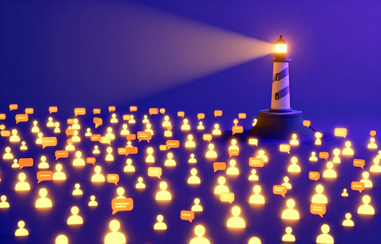 Grid of glowing user avatars and chat bubbles rising like a tide to support a single floating lighthouse