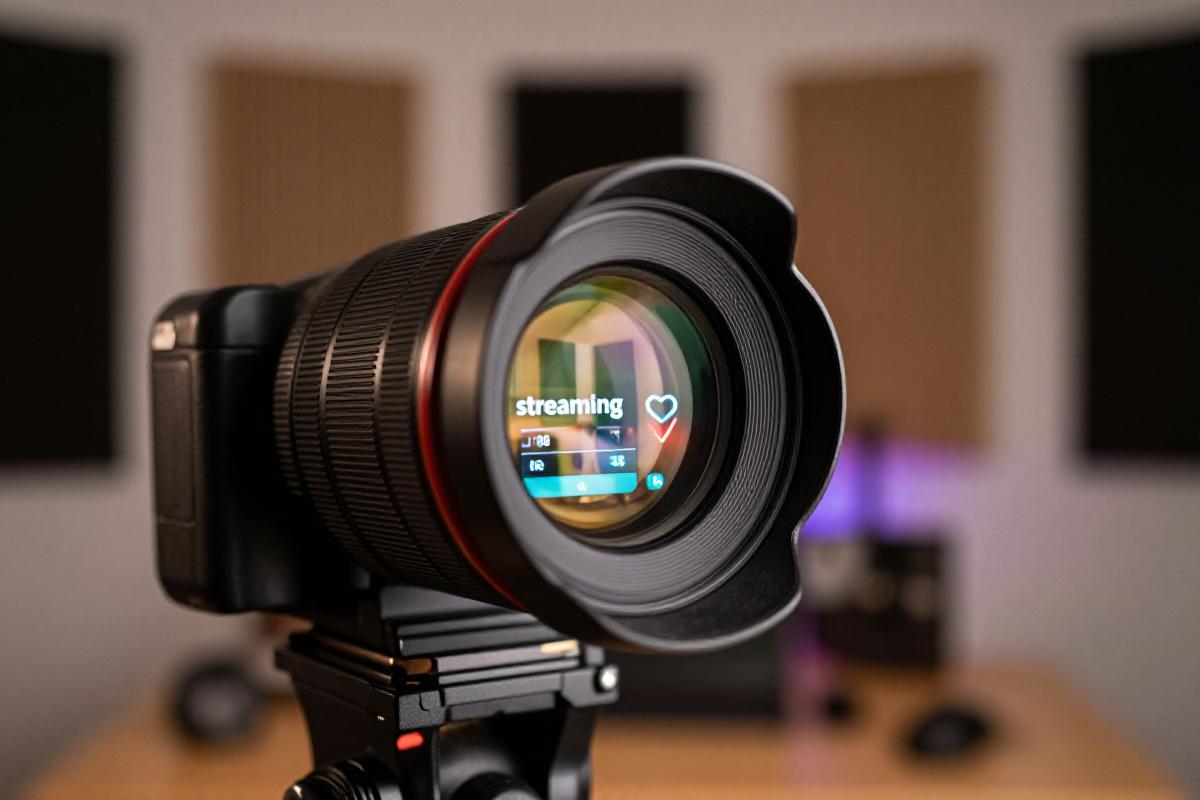 Close-up of a professional camera in a modern home studio setup
