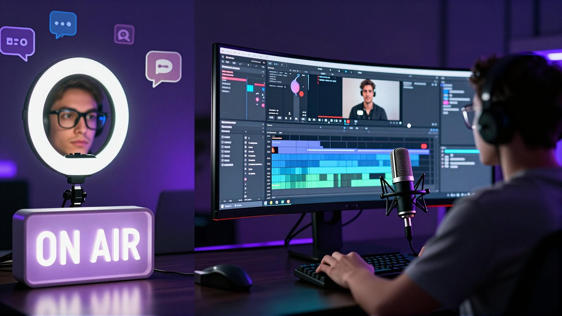 Split screen showing a live streaming setup on the left and video editing suite on the right