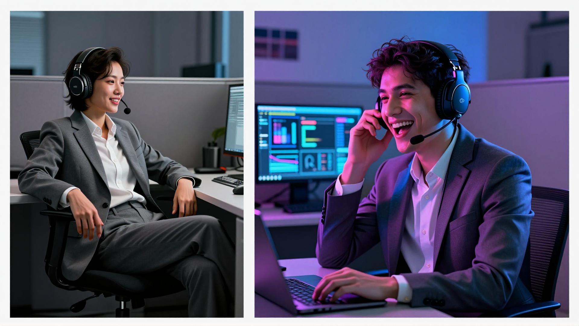 Split screen showing a person transitioning from a grey corporate office job to a vibrant neon streaming setup.
