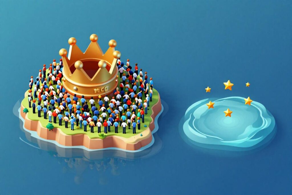 Conceptual 3D art showing a calm digital valley representing low competition hours for new streamers.
