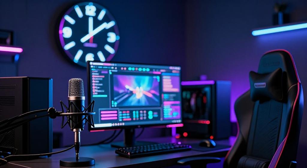 Professional gaming setup with a glowing digital clock and streaming equipment in a neon-lit room.